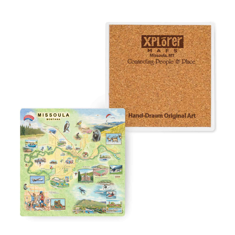 Ceramic coaster featuring hand-drawn map art of Missoula, Montana, with cork backing to protect surfaces from heat and moisture.