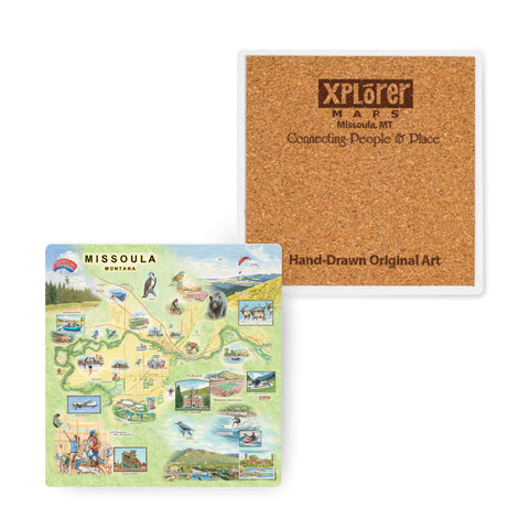 Ceramic coaster featuring hand-drawn map art of Missoula, Montana, with cork backing to protect surfaces from heat and moisture.