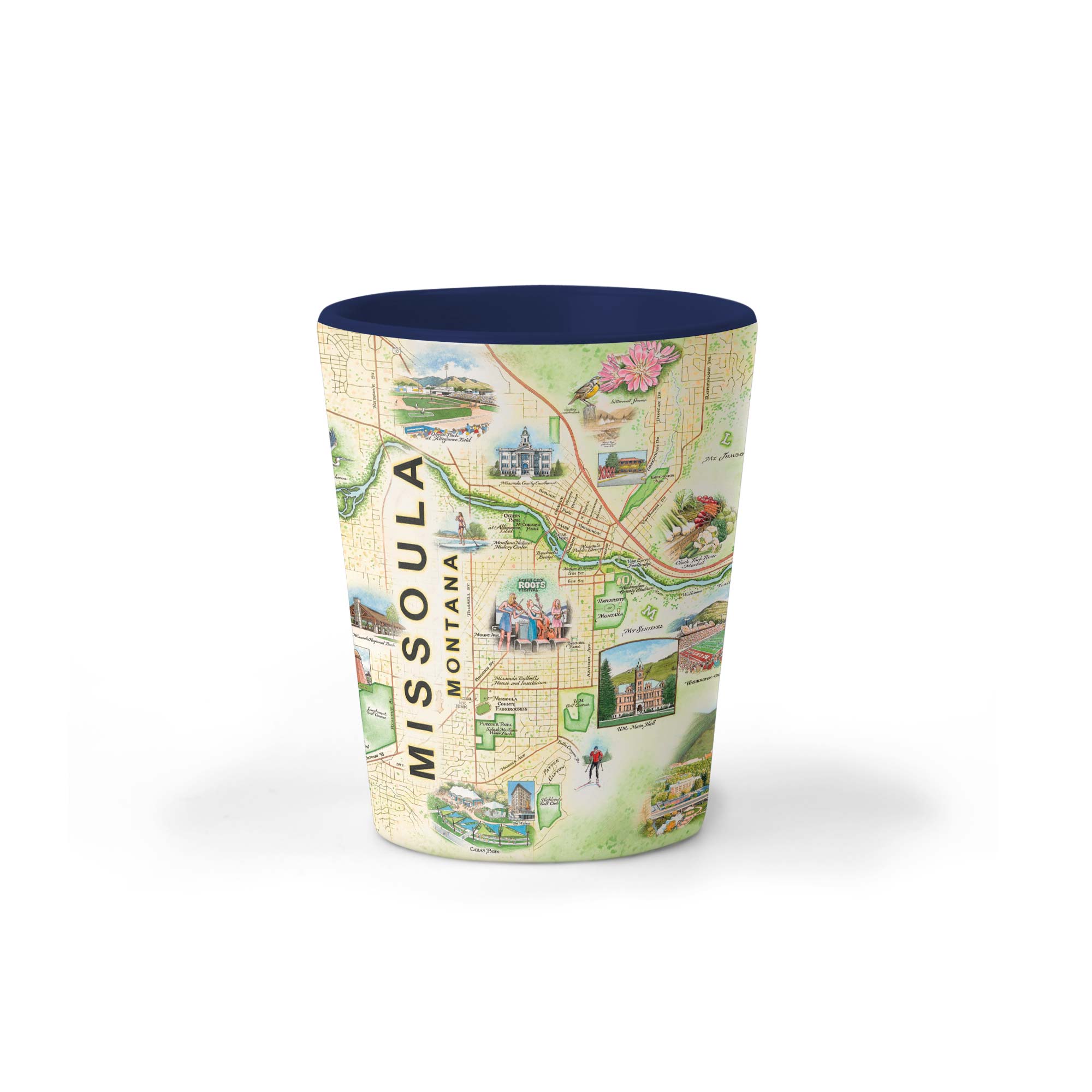 Missoula Map Ceramic Shot Glass featuring hand-drawn artwork of Missoula, Montana by Xplorer Maps, with a 1.5 oz. capacity.