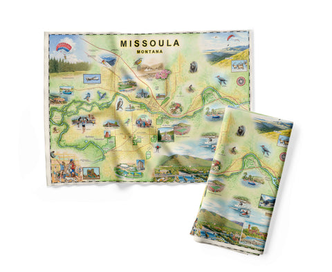 Missoula map kitchen towel made from 100% cotton, featuring hand-drawn map artwork of Missoula, Montana, with lasting digital pigment print.