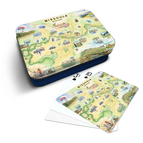 Missoula-themed playing cards in a full-color metal case featuring hand-drawn map art of Missoula, Montana by Xplorer Maps.