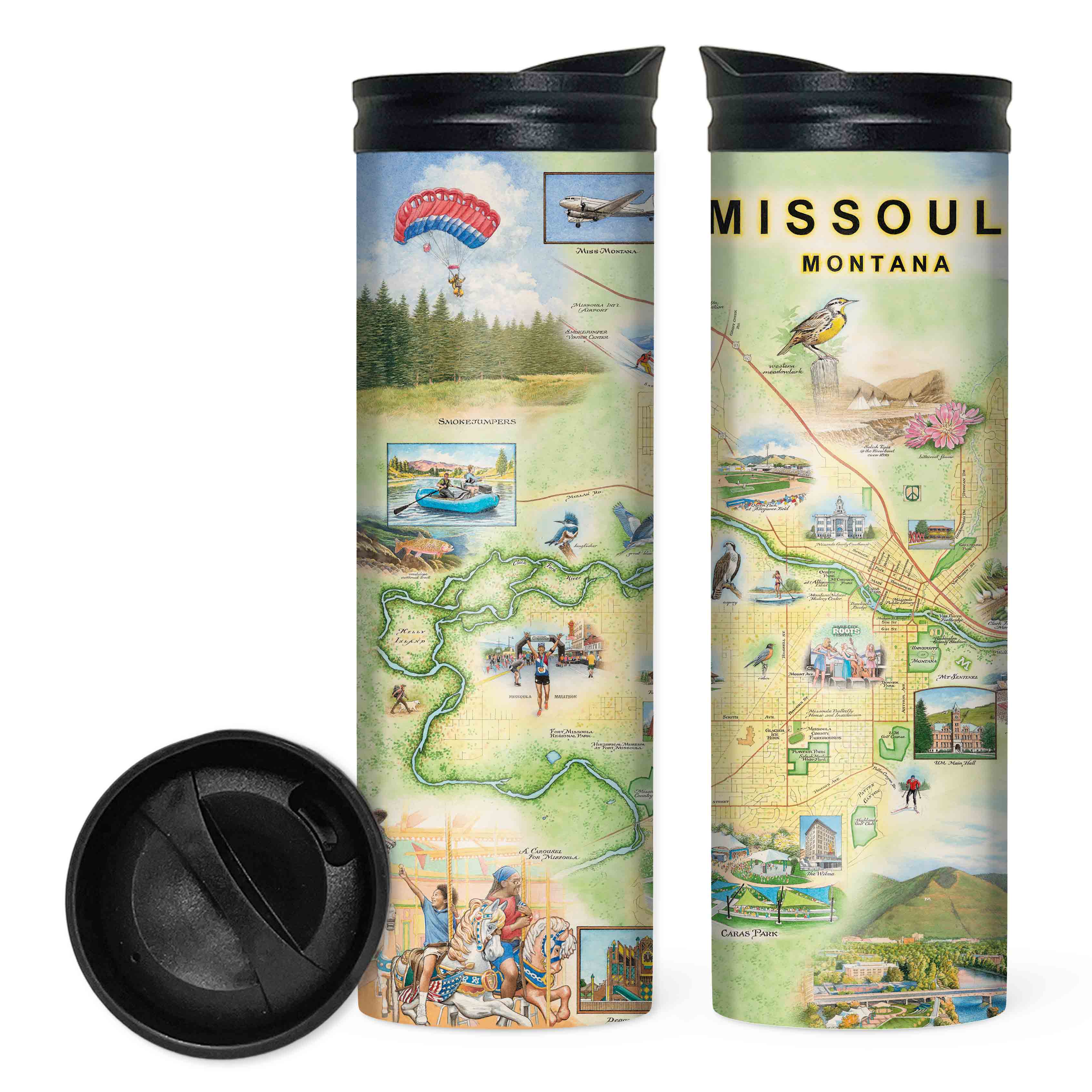Stainless steel Missoula travel mug featuring hand-drawn map art of Missoula, Montana, with spill-resistant lid and double-walled insulation.