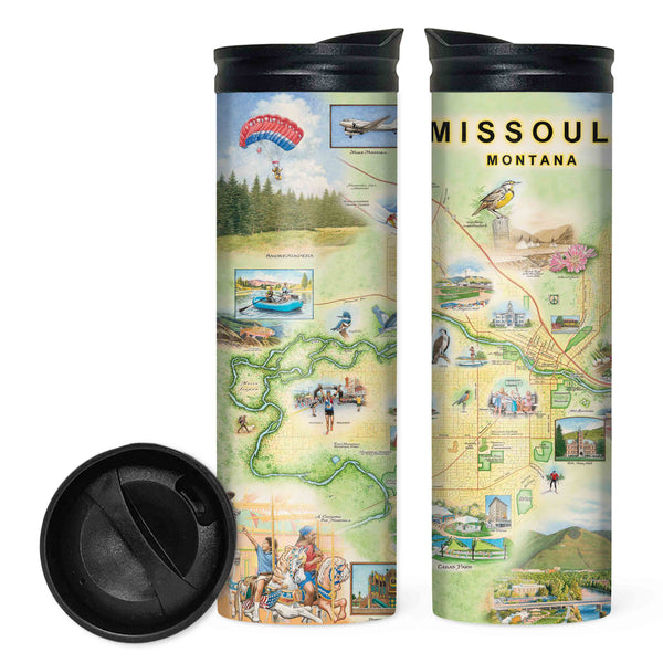 Stainless steel Missoula travel mug featuring hand-drawn map art of Missoula, Montana, with spill-resistant lid and double-walled insulation.