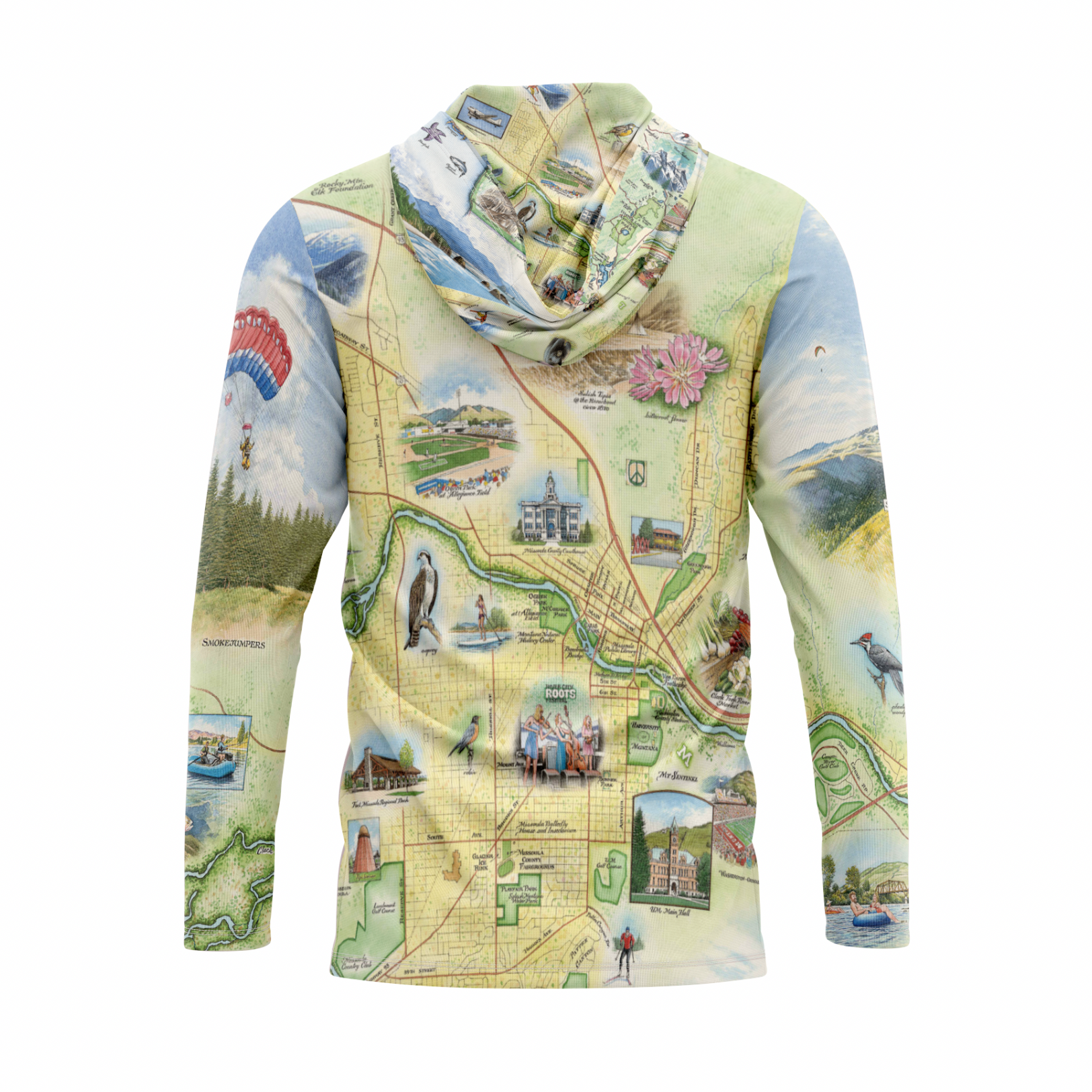Hoodie with a detailed map design on a white background