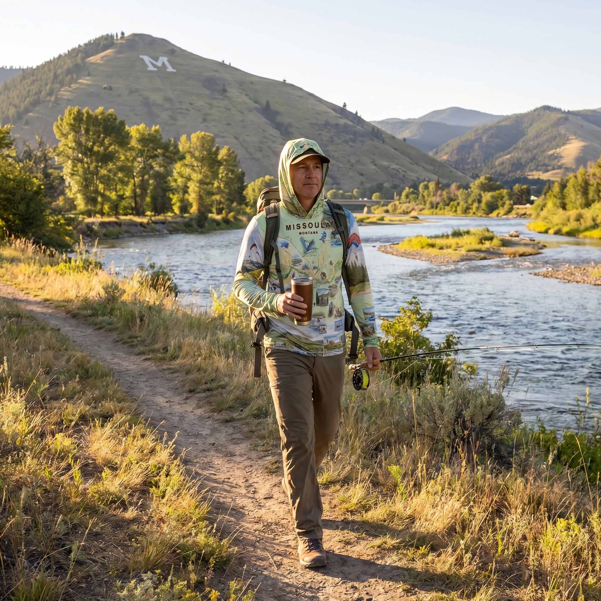 Person walking along a path by a river with mountains in the background