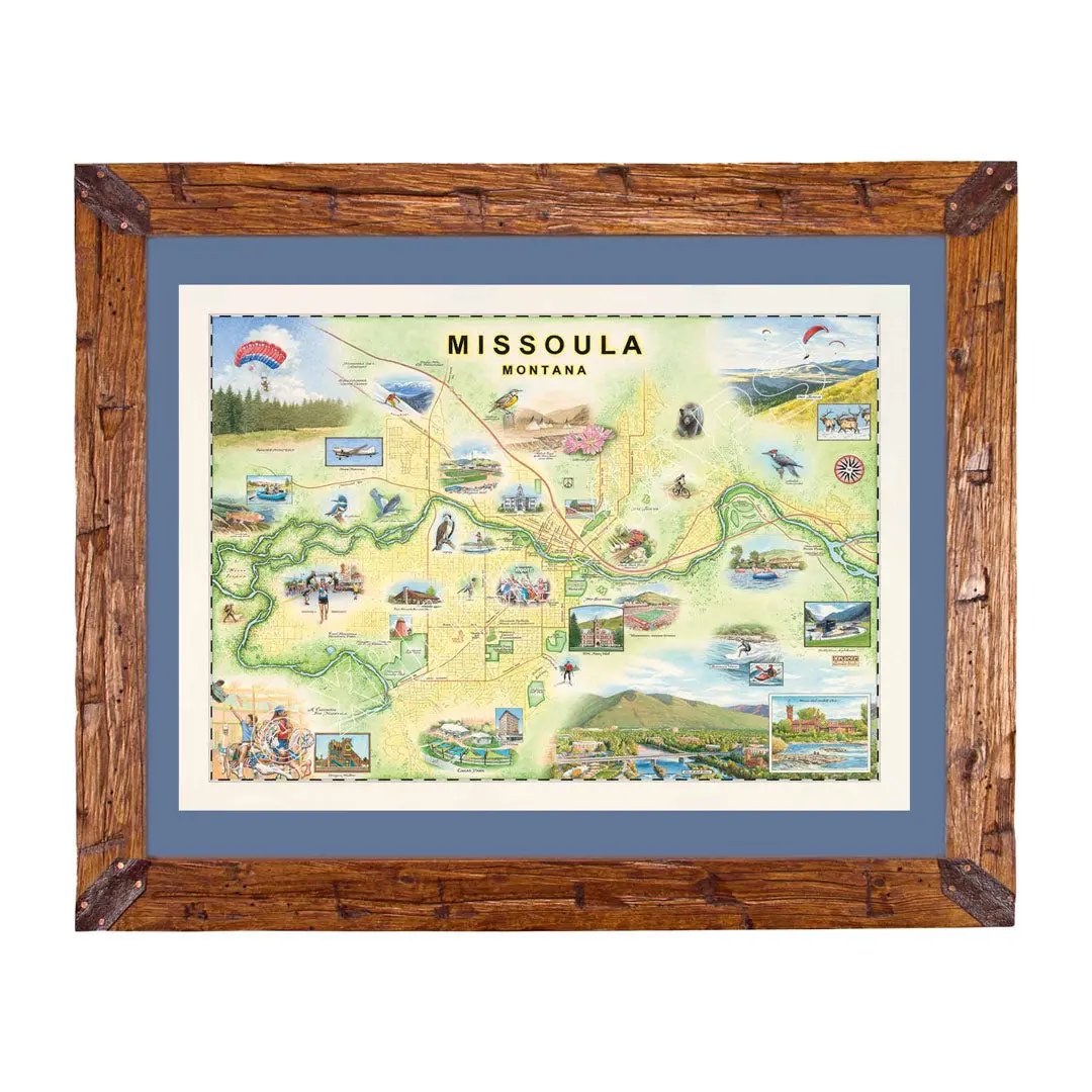 Missoula framed map with blue mat on a white background