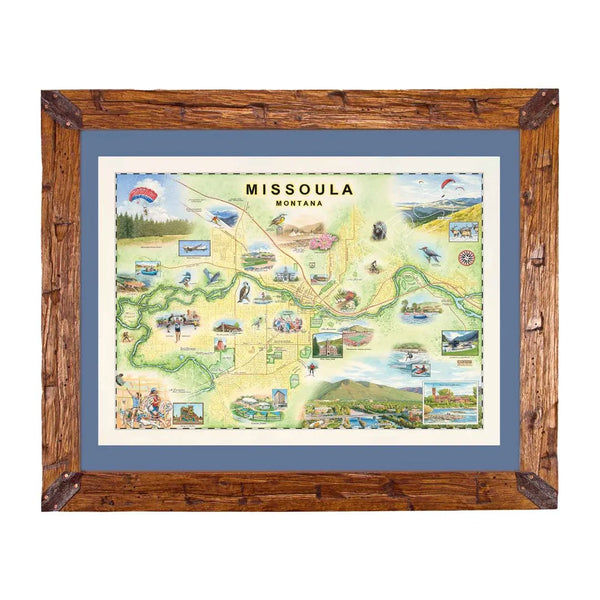 Missoula framed map with blue mat on a white background