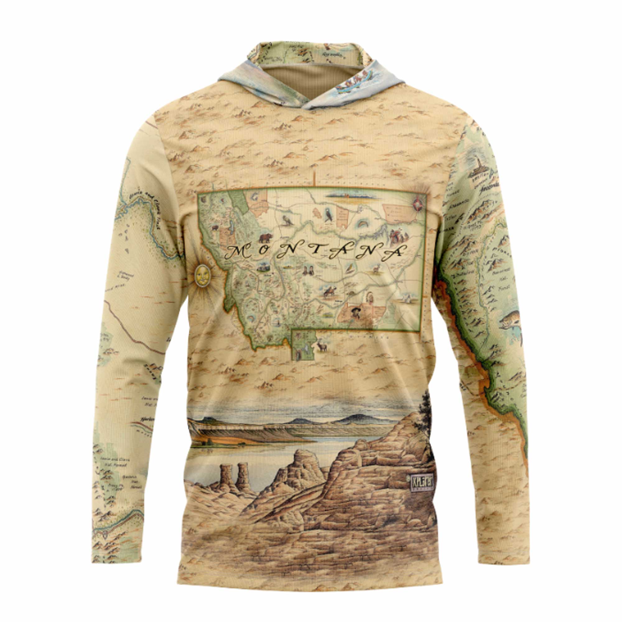 Hoodie with a map design of Montana on a beige background