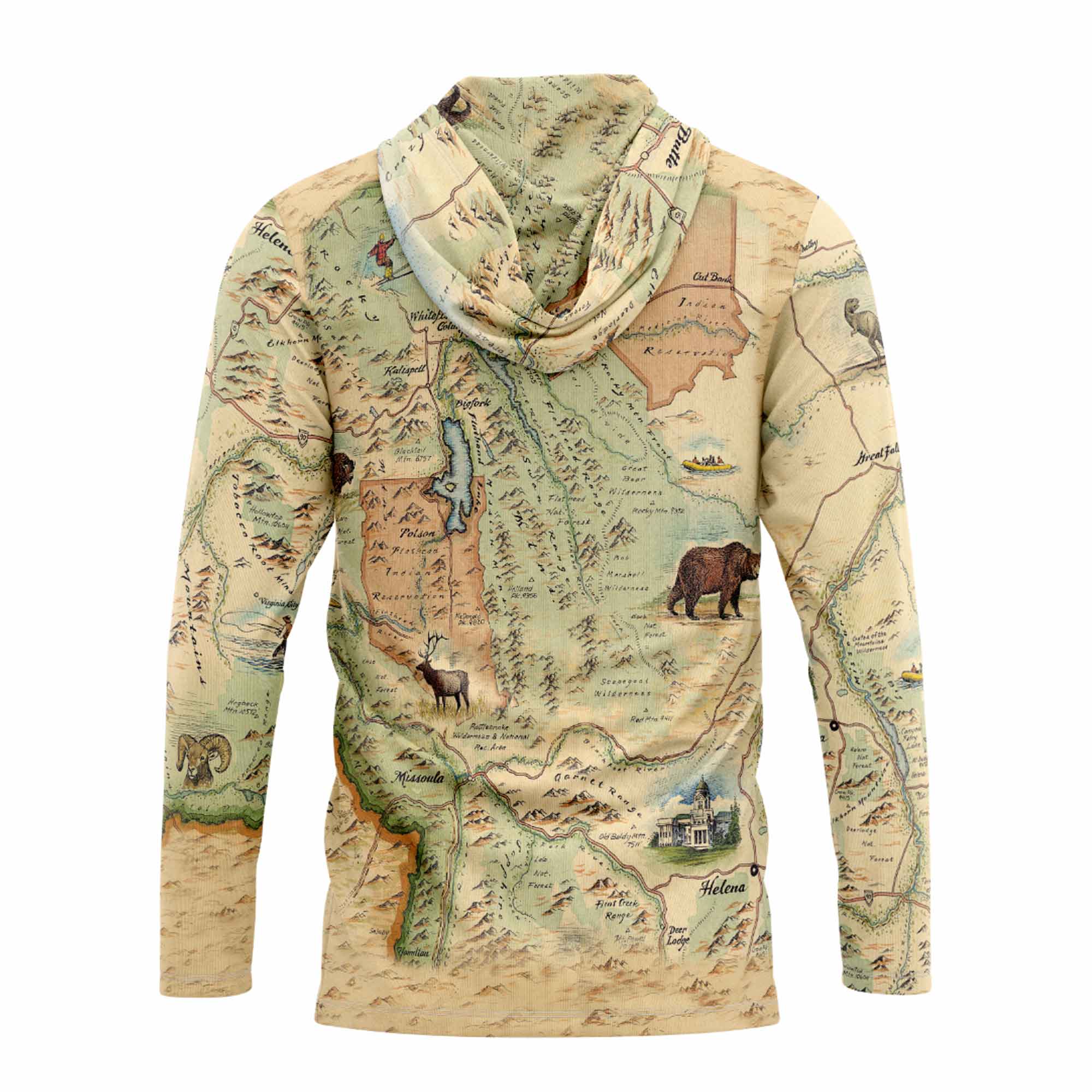 Back of sun shirt hoodie with a map design on a white background