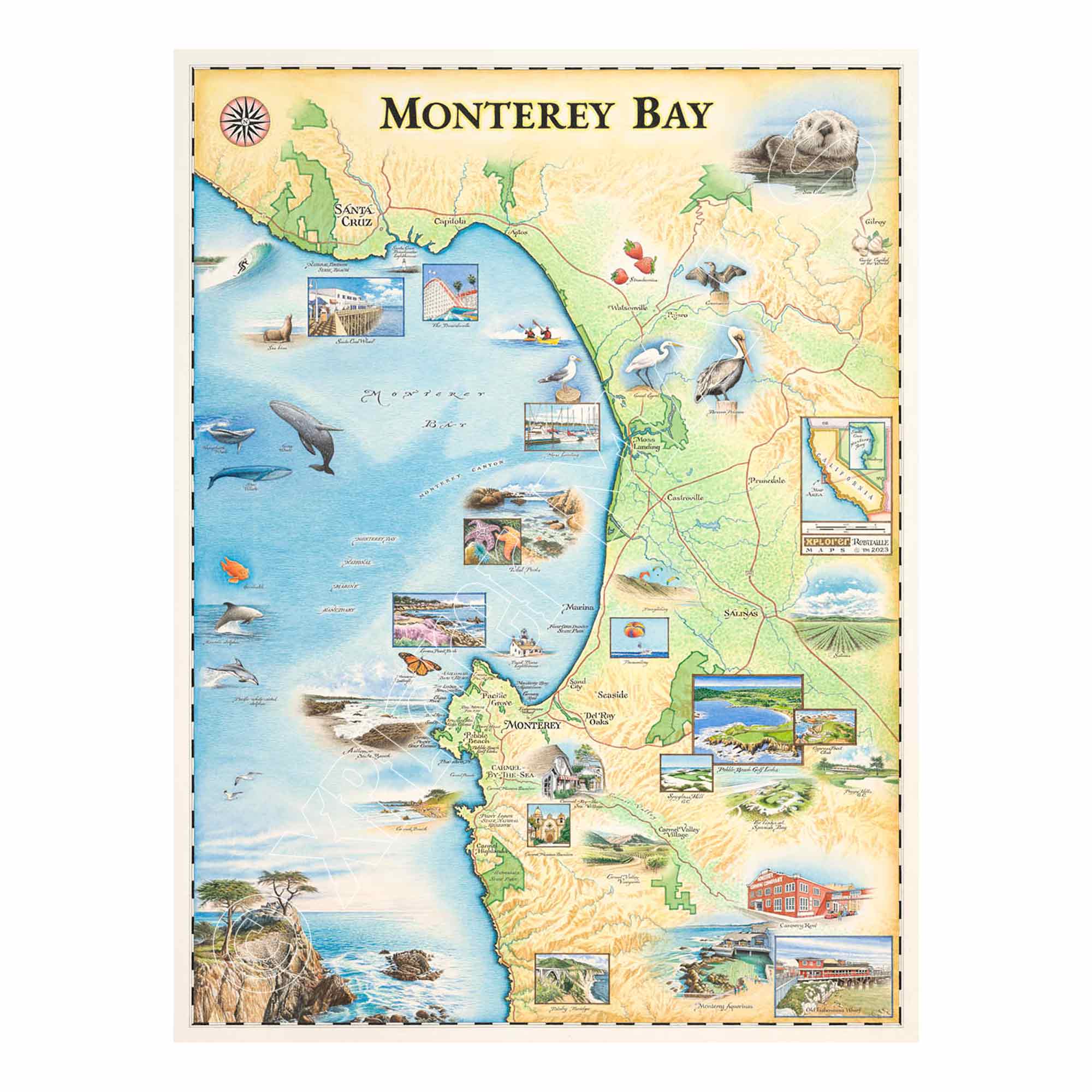 Map of Monterey Bay with various icons and illustrations on a white background