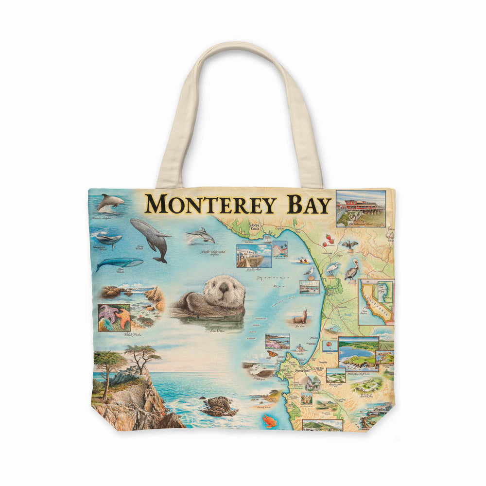 Monterey Bay canvas tote bag with handles, measuring 18" x 15". Eco-friendly, spacious, and great for beach trips or grocery shopping.