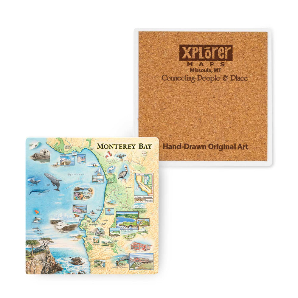 Monterey Bay ceramic coasters with cork backing, showcasing exclusive hand-drawn map artwork. Perfect for any coastal-themed decor.