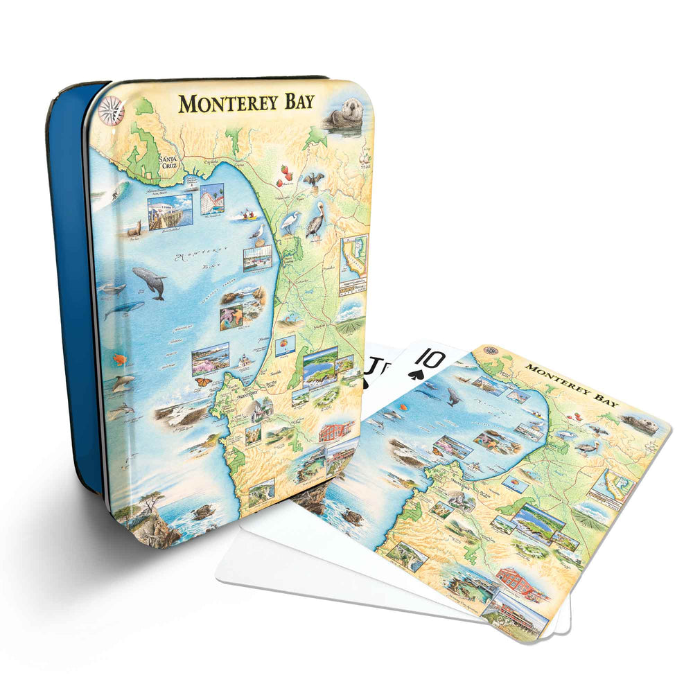 Monterey Bay playing cards in a metal case, with Jack, 10, and a card featuring the Monterey map on the backside.