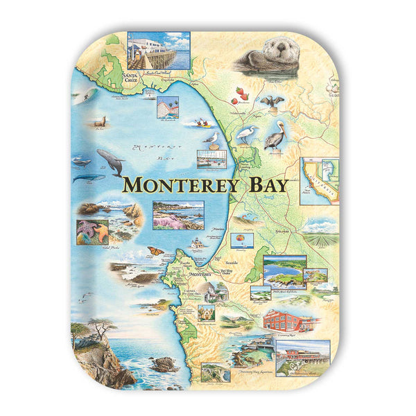 Medium Rectangle Serving Tray Map of Monterey Bay with various icons and scenic illustrations on a white background
