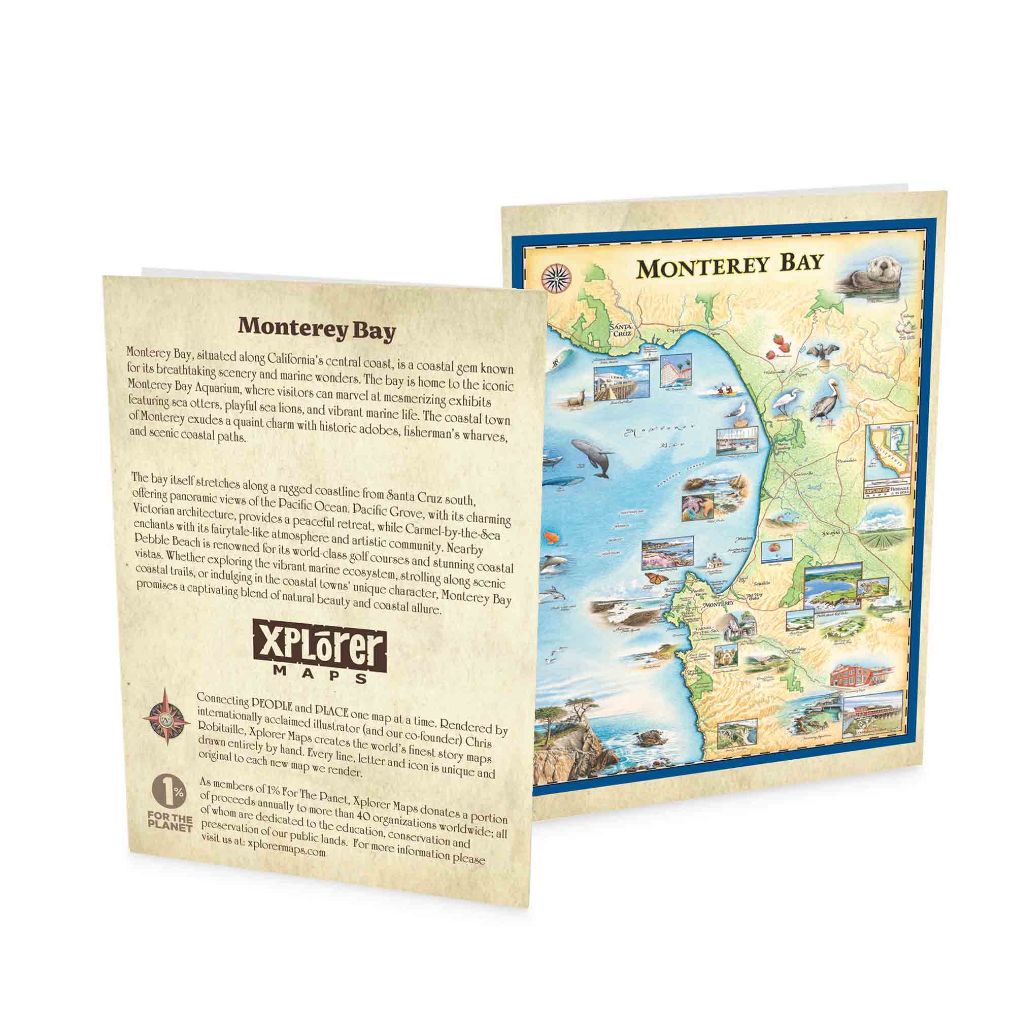 Hand-drawn Monterey Bay notecard featuring coastal landmarks, marine life, and scenic California shoreline by Xplorer Maps.