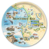 Large Round Serving Tray  Map of Monterey Bay with various icons and illustrations on a decorative plate.