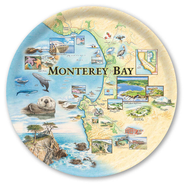 Large Round Serving Tray  Map of Monterey Bay with various icons and illustrations on a decorative plate.