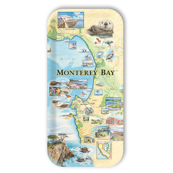 Small Serving Tray Map of Monterey Bay with various scenic illustrations on a white background