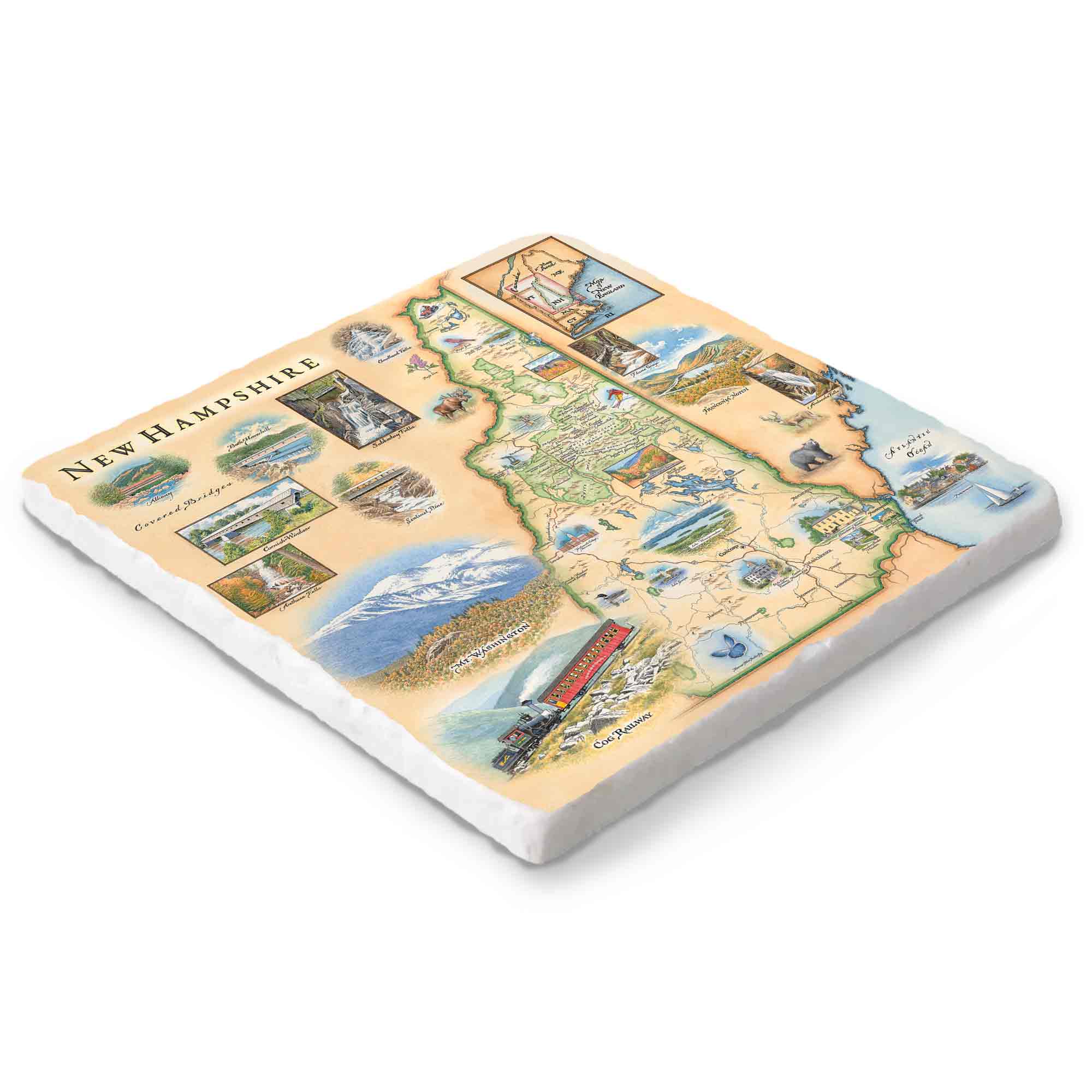 Hand-drawn New Hampshire map on 6x6 natural stone trivet by Xplorer Maps.