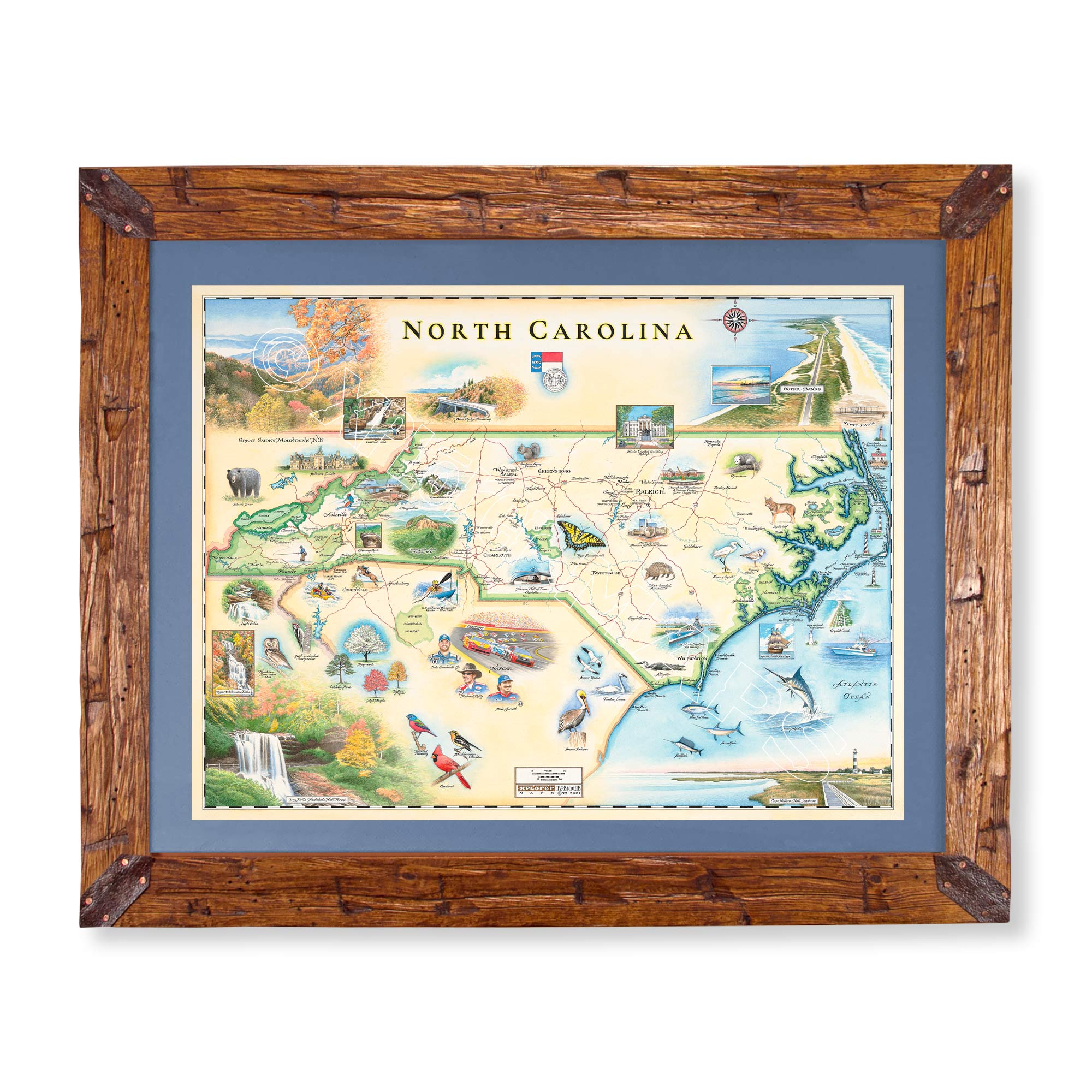 A framed North Carolina map print with a rustic brown wooden frame and a blue mat border, shown against a plain white background.