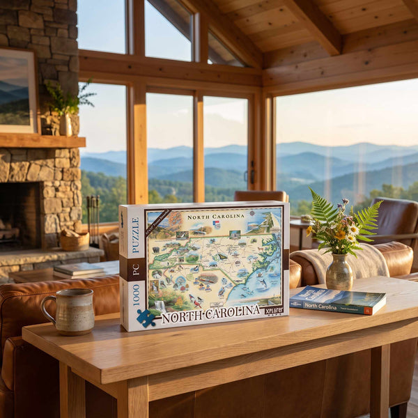 A boxed North Carolina puzzle sits on a wooden table in a cozy living room with large windows overlooking mountains. The box shows a colorful illustrated map of North Carolina, and the room has leather seating, a stone fireplace, and warm natural light.