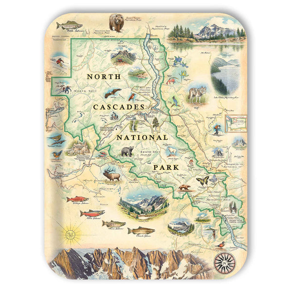 Large Serving Tray Map of North Cascades National Park with illustrations of animals and scenery.