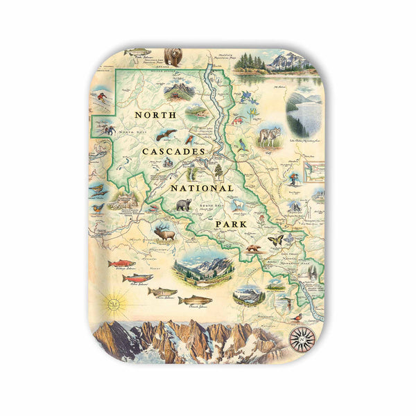 Medium Serving Tray Map of North Cascades National Park with illustrations on a white background