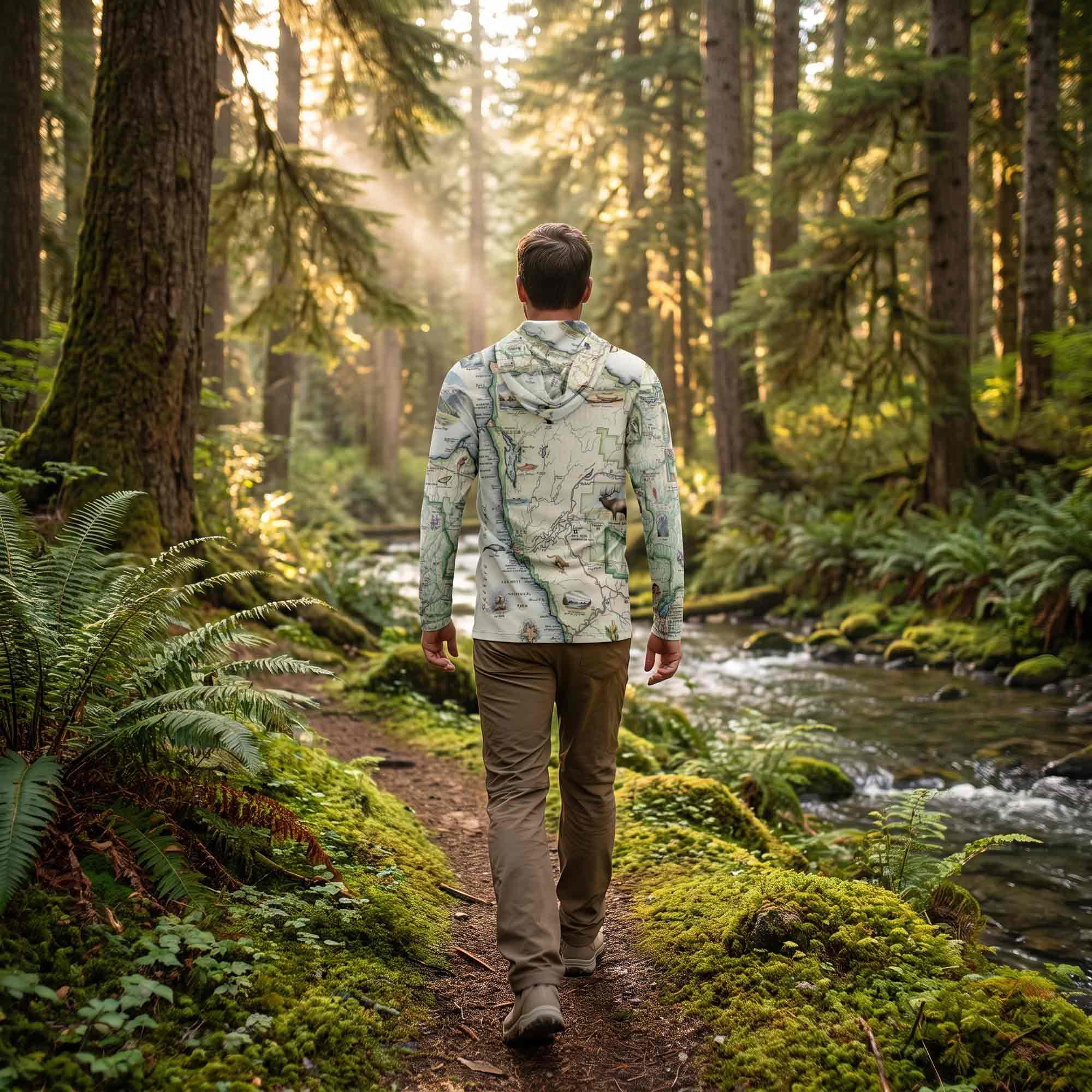 A man viewed from behind walking on a forest path beside a stream, wearing a light green and white map-patterned hooded shirt and brown pants.