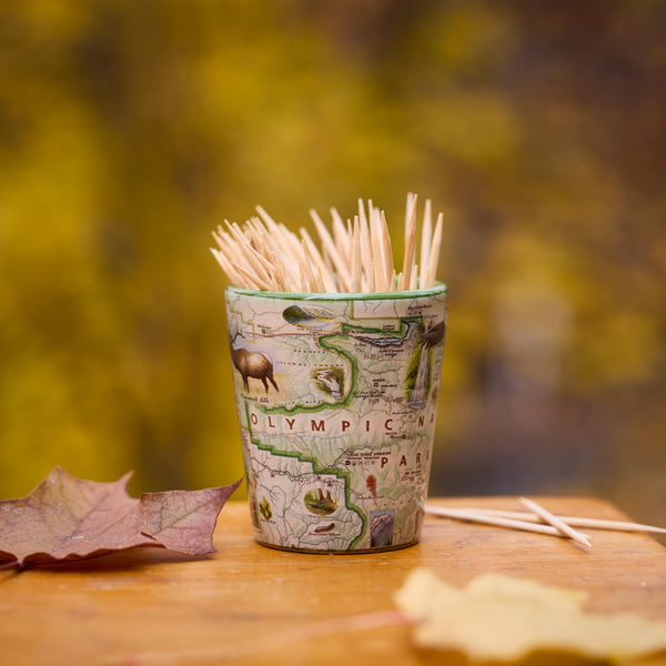 Shot glass with toothpicks labeled 'Olympic Park' on a wooden surface with blurred natural background