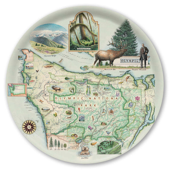 Large Round Serving Tray Map of Olympic National Park o with illustrations and text.