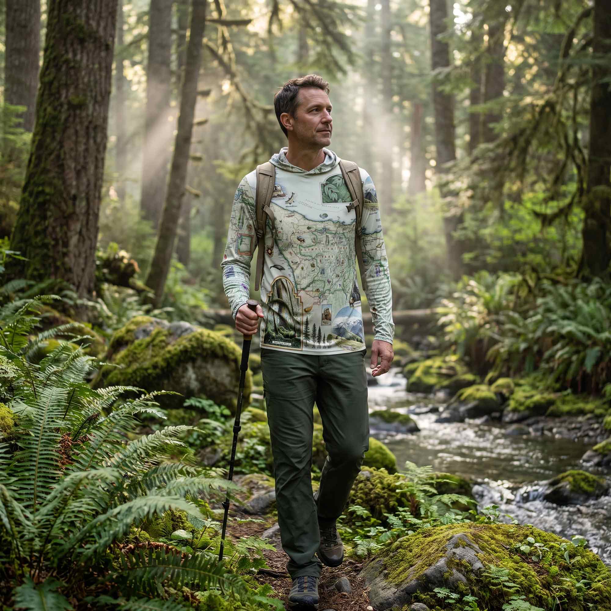 Olympic national Park sunshirt hoodie on a man hiking in Olympic National Park.