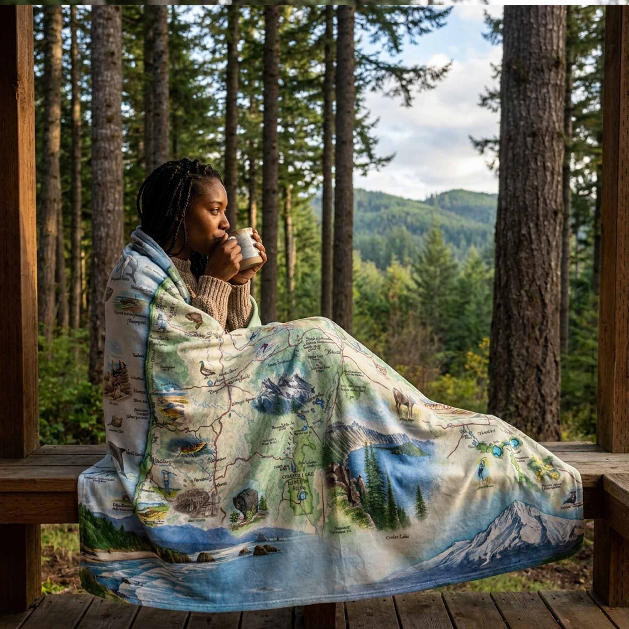 Person sitting on a wooden deck with a scenic blanket, surrounded by trees.
