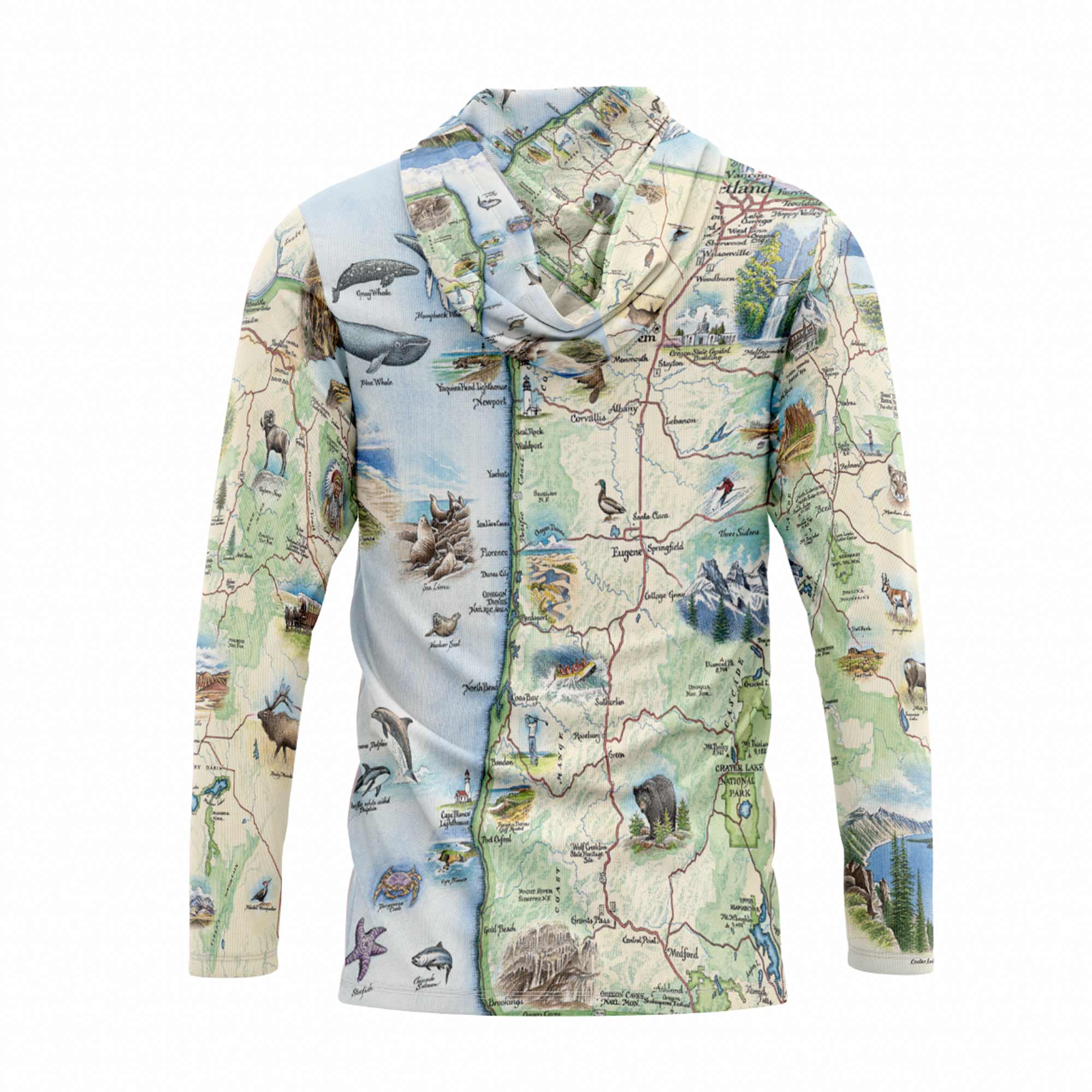 Hoodie with a map and nature-themed design on a white background