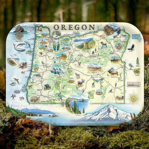 Serving Tray Map of Oregon with various icons on a forest background
