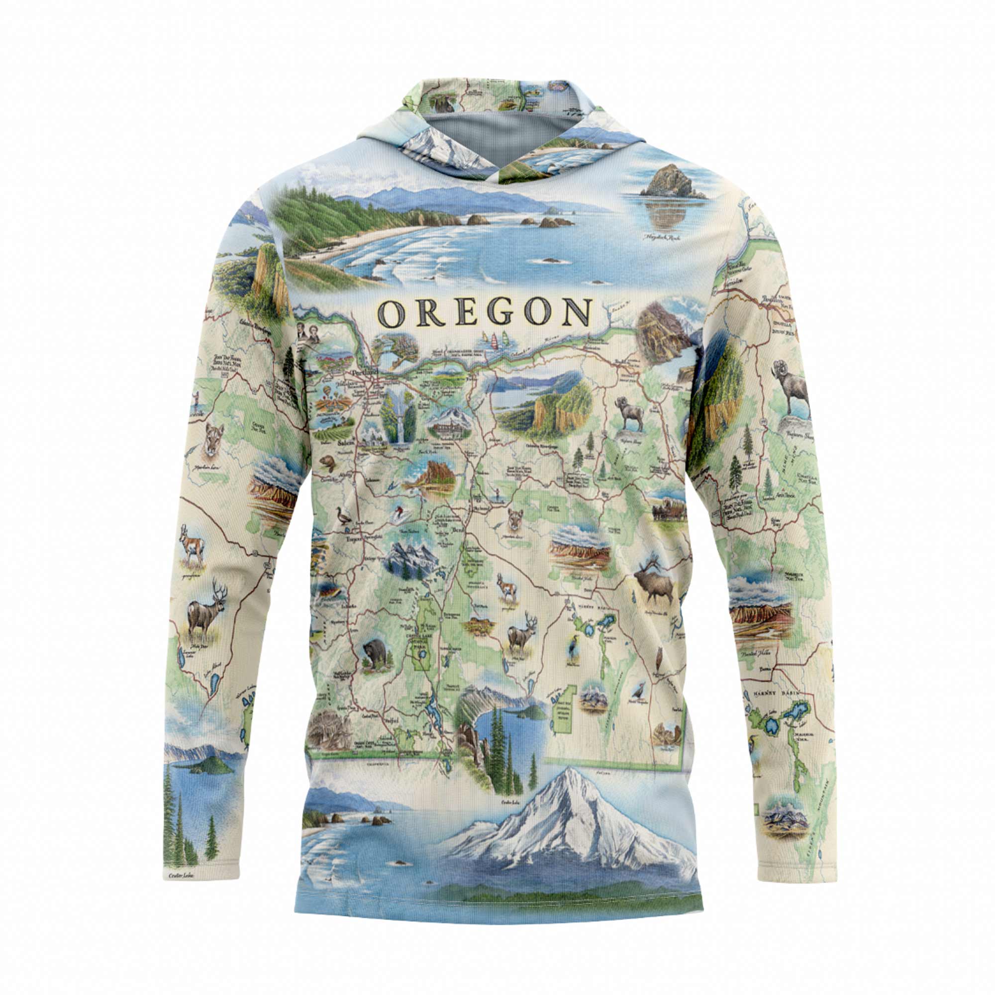 Hoodie with a map of Oregon design on a white background