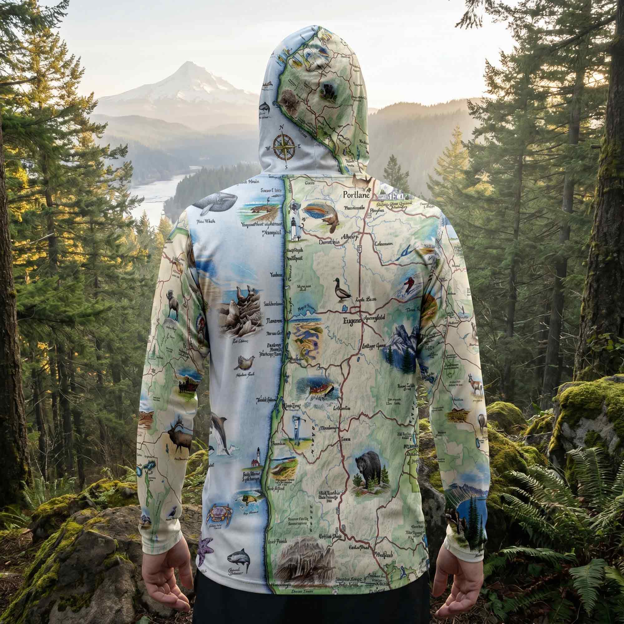 Person wearing a map-themed hoodie in a forest setting