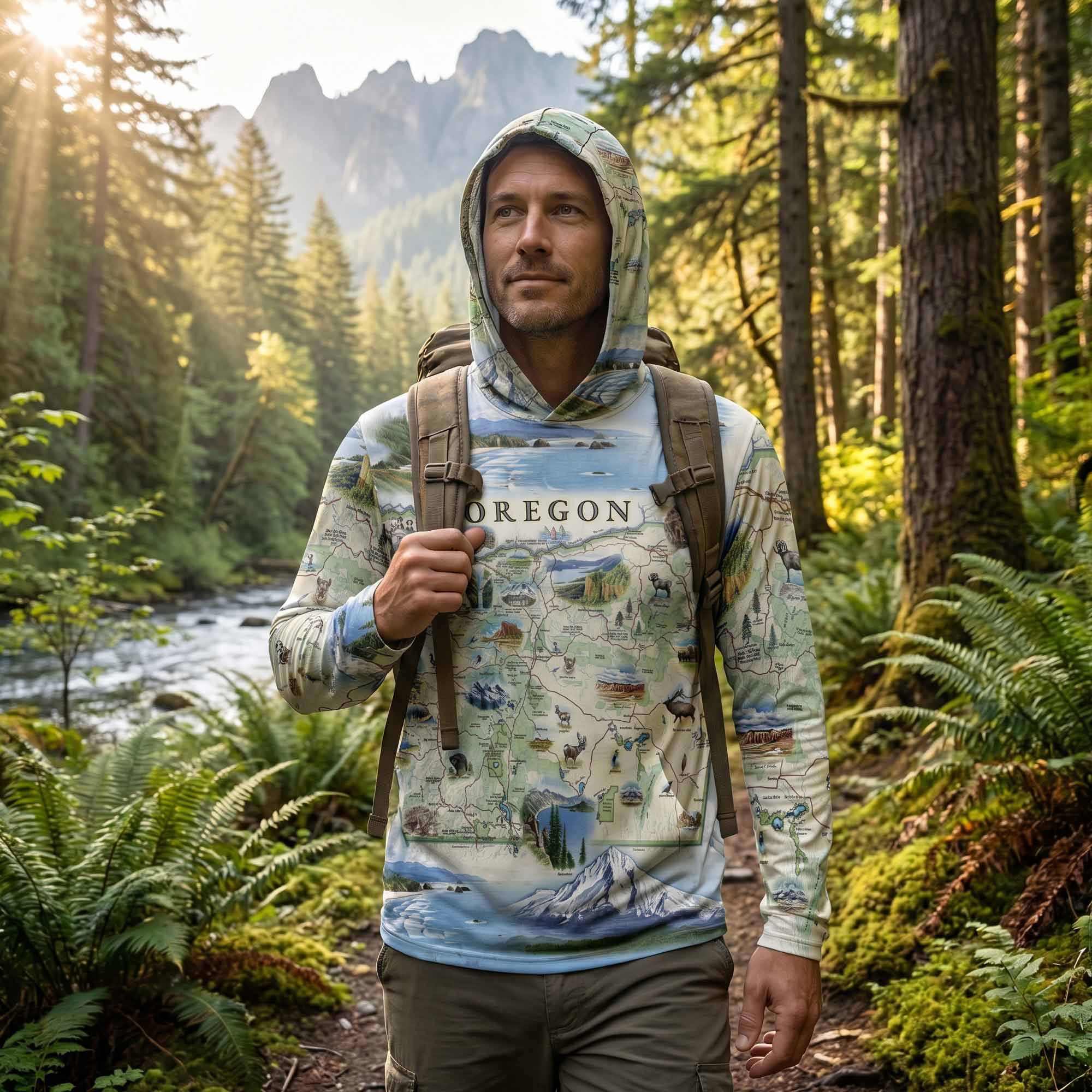 Man wearing a hoodie with 'Oregon' and map design in a forest setting