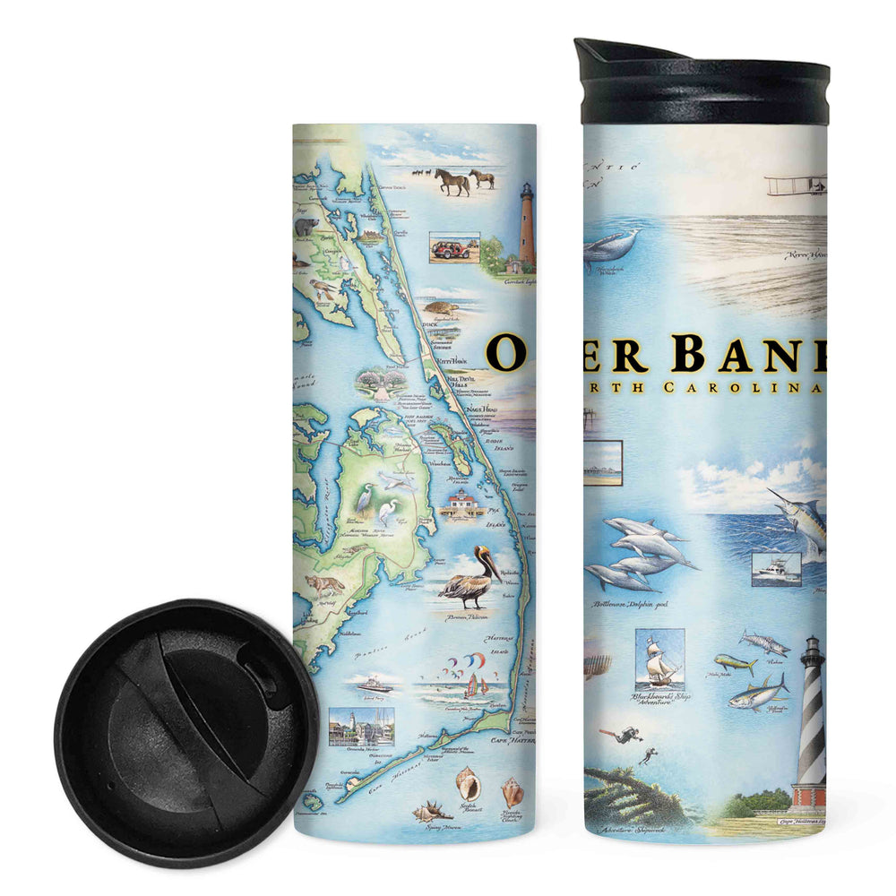 Front and back view of Outer Banks travel tumbler with hand-drawn map design by Xplorer Maps. 