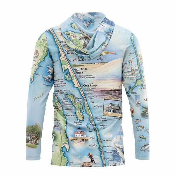 Back Sun Shirt Hoodie with a map design on a white background