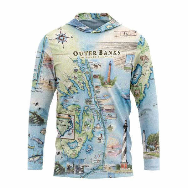 Front sun shirt hoodie with a map design of Outer Banks, North Carolina on a white background