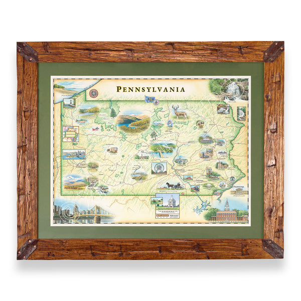 A framed Pennsylvania state map print with a rustic brown wooden frame and olive green matting, shown against a plain white background.