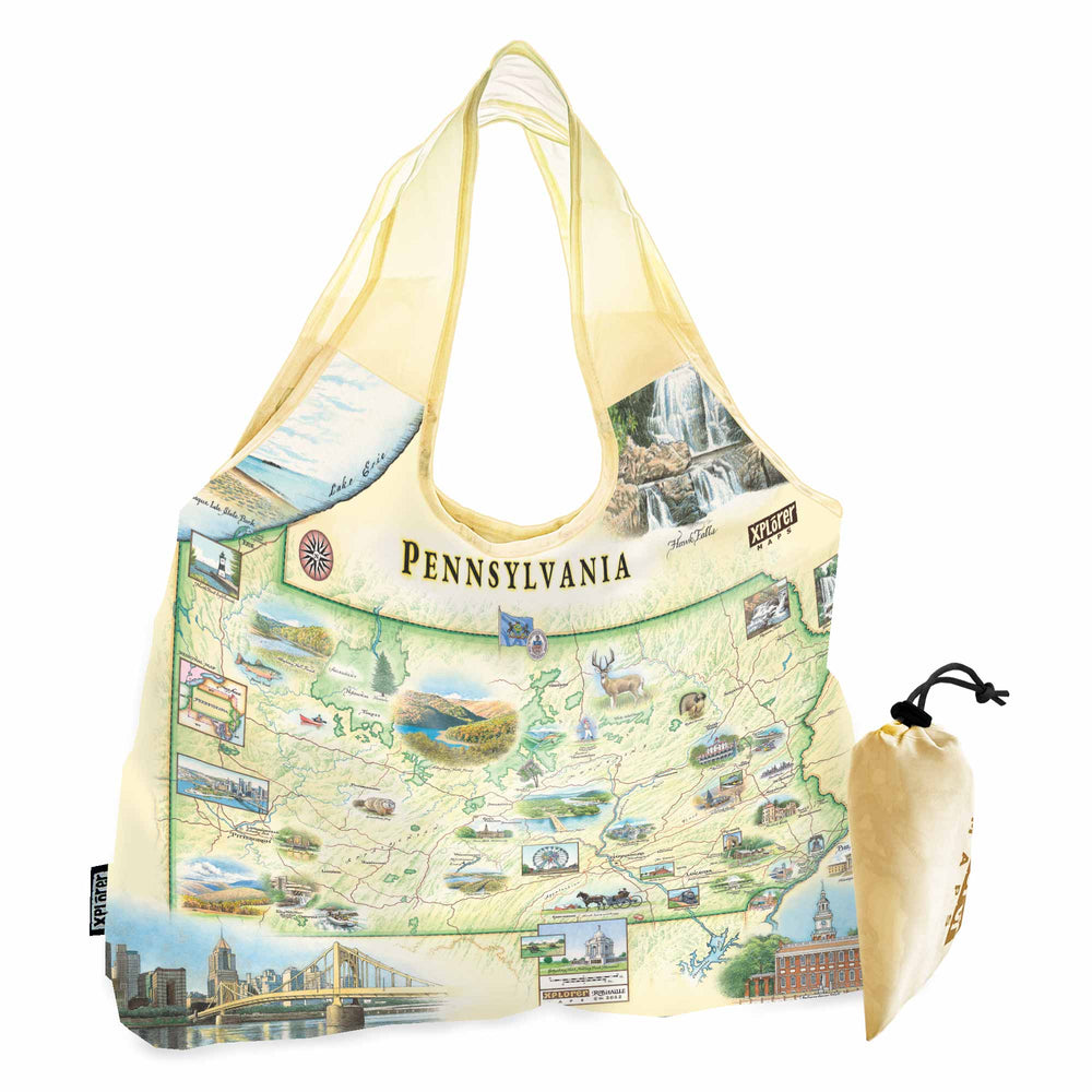Pennsylvania State Pouch Tote Bag featuring Pittsburg, Philadelphia, Hersey, Amish horse and buggy, Poconos, waterfalls, deer, trains, and buildings. 
