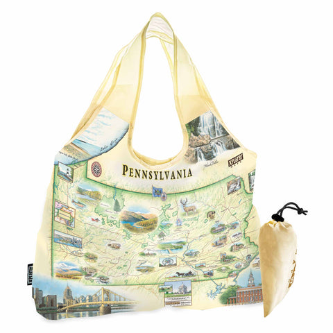 Pennsylvania State Pouch Tote Bag featuring Pittsburg, Philadelphia, Hersey, Amish horse and buggy, Poconos, waterfalls, deer, trains, and buildings. 

