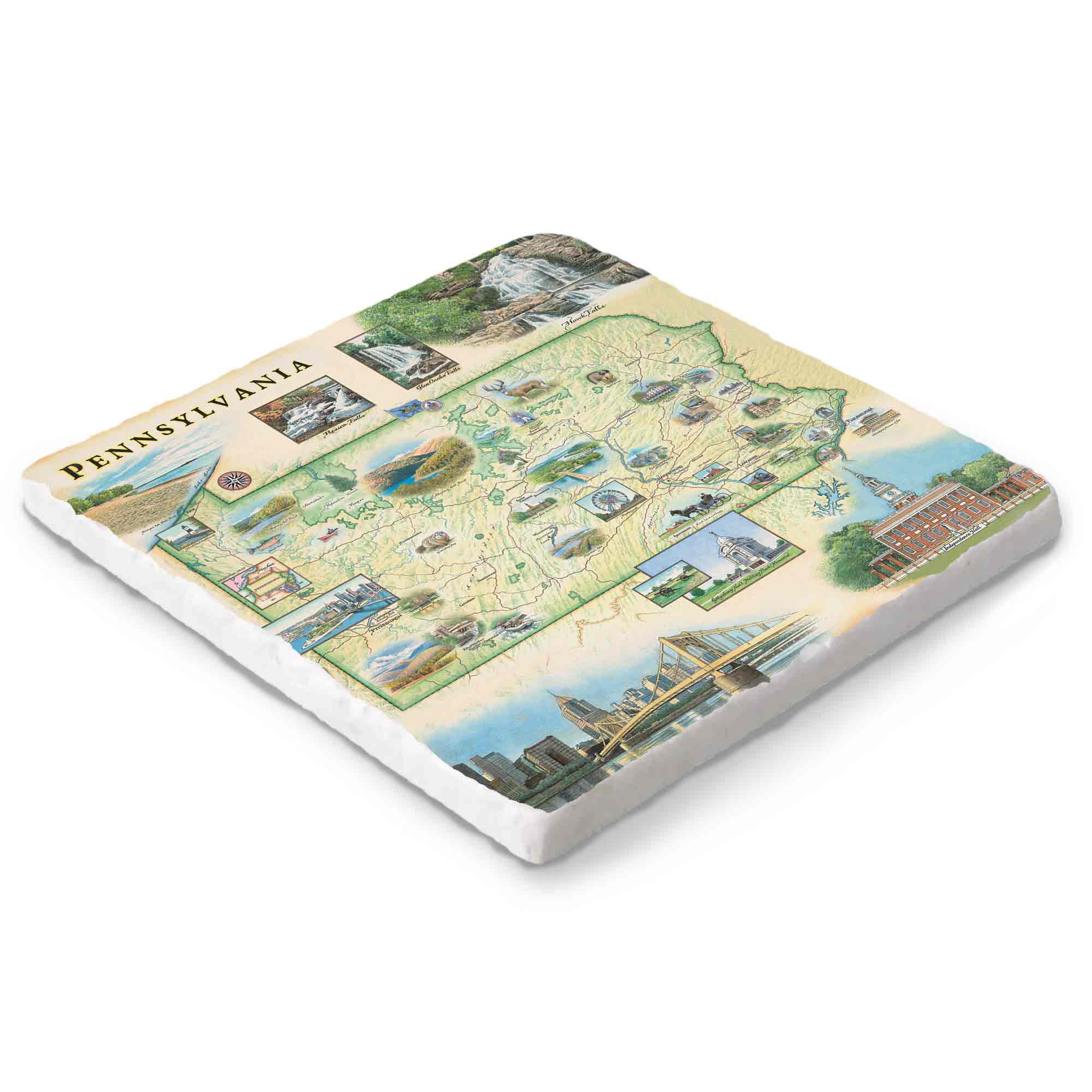 Pennsylvania marble trivet with hand-drawn state map artwork – Xplorer Maps 6x6.