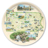 Round Pennsylvania serving Tray map  of Pennsylvania on a decorative plate with various scenic illustrations.