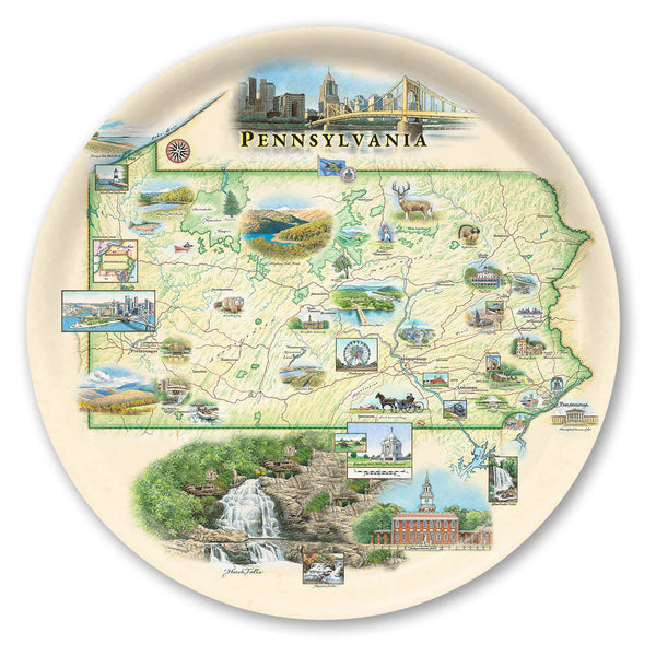 Round Pennsylvania serving Tray map  of Pennsylvania on a decorative plate with various scenic illustrations.