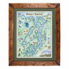 A framed Puget Sound illustrated map print with a rustic brown wooden frame and olive green mat, shown against a plain white background.