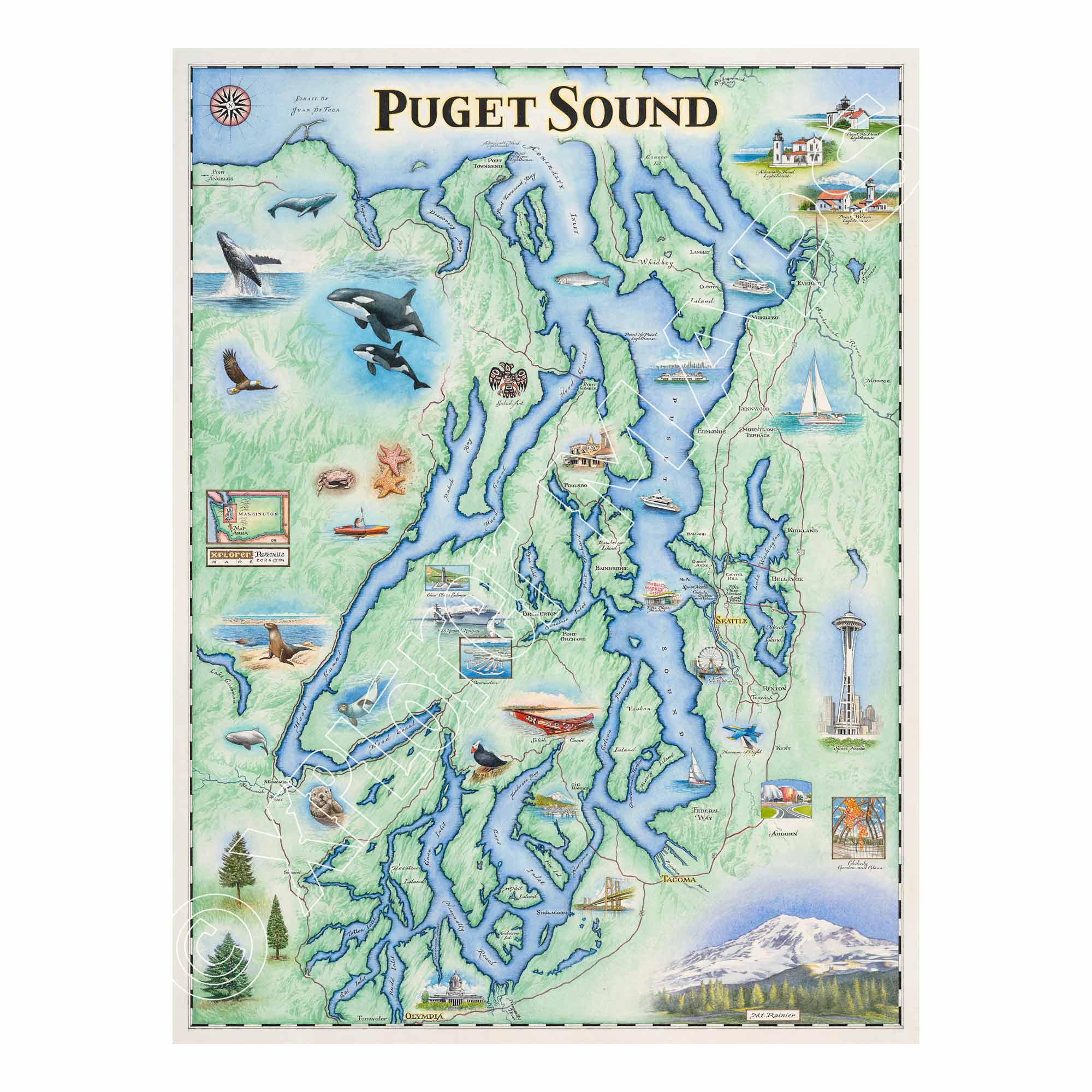 An illustrated Puget Sound map poster with blue waterways, green land, and small scenic details including birds, boats, a mountain, and landmarks. The title 'PUGET SOUND' appears at the top.
