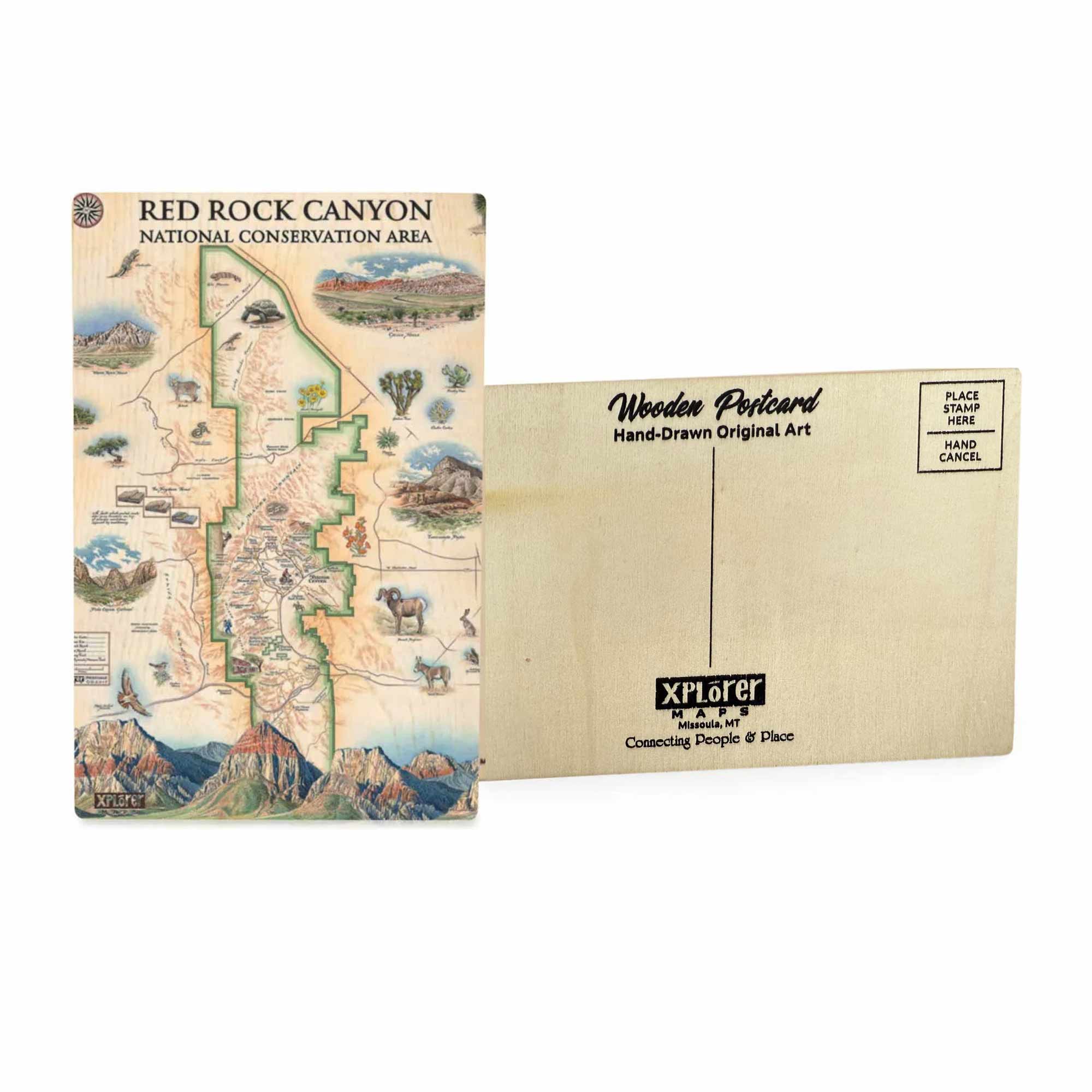Red Rock Canyon National Conservation Area wooden postcard in earth tone colors featuring hand-drawn illustrations of red rock formations, hiking trails, and desert wildlife.