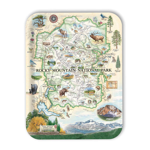 Large Rectangle Serving Tray Map of Rocky Mountain National Park with illustrations of animals and scenery on a beige background.